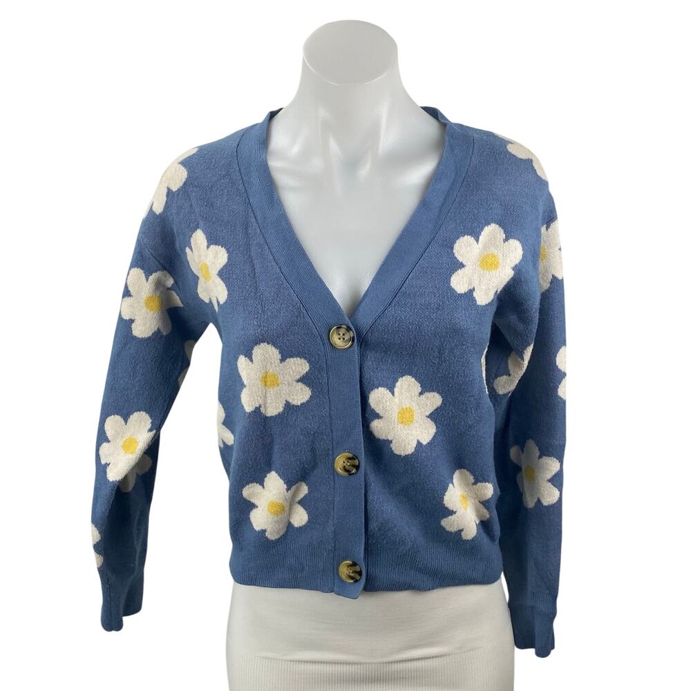 Willow & Wind Blue Floral Daisy Long Sleeve Button Up Cardigan Sweater Top Sz S